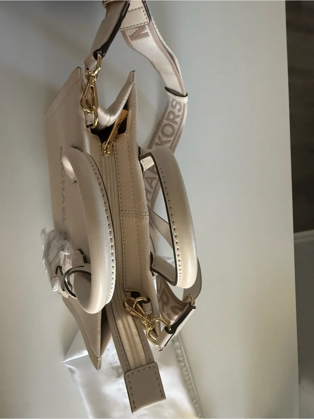 Michael Kors Beige/Cream Leather Satchel with Logo Strap